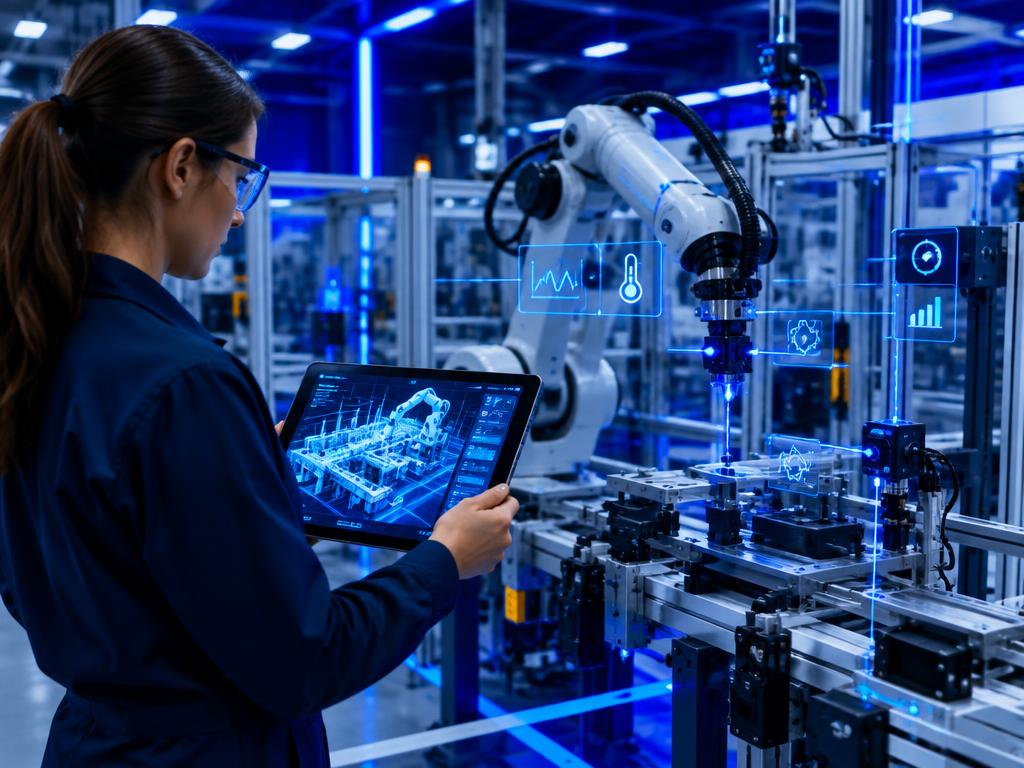 Engineer monitoring a robotic production cell against a digital twin